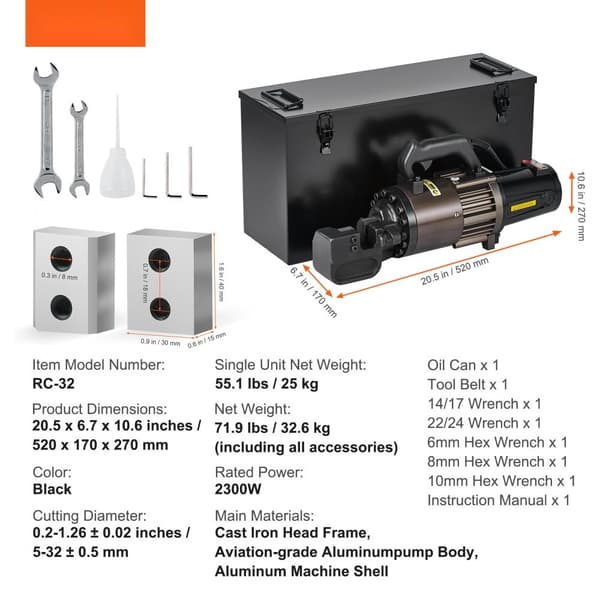 2300W elektrisk hydraulisk armeringsskär, skär upp till 32 mm, effektiv, kraftfull, perfekt för byggprojekt och reparationer