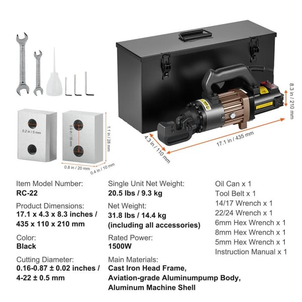 1500W elektrisk hydraulisk armeringskniv, skærer op til 7/8 tomme #7, for præcise snit, robust design, effektiv skæreevne, 4-22mm.