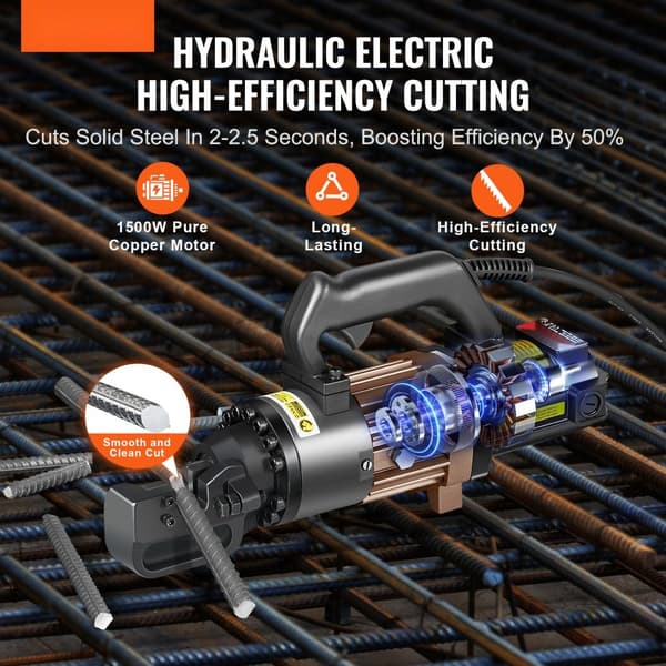 1500W elektrisk hydraulisk armeringskniv, skærer op til 7/8 tomme #7, for præcise snit, robust design, effektiv skæreevne, 4-22mm.