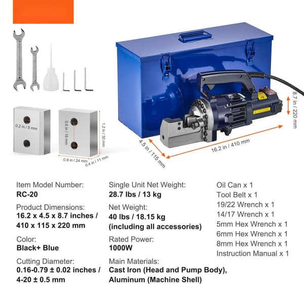 Elektrisk hydraulisk armeringsjärnsskärare 1000W, 3/4 tum #6 (4-20 mm), kraftfull och effektiv, idealisk för byggprojekt