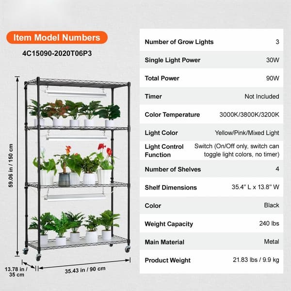 Växthusställning med växtbelysning, 4 våningar, 90W, justerbar höjd, odlingshylla för inomhusbruk, 150 cm hög, perfekt för växter och blommor