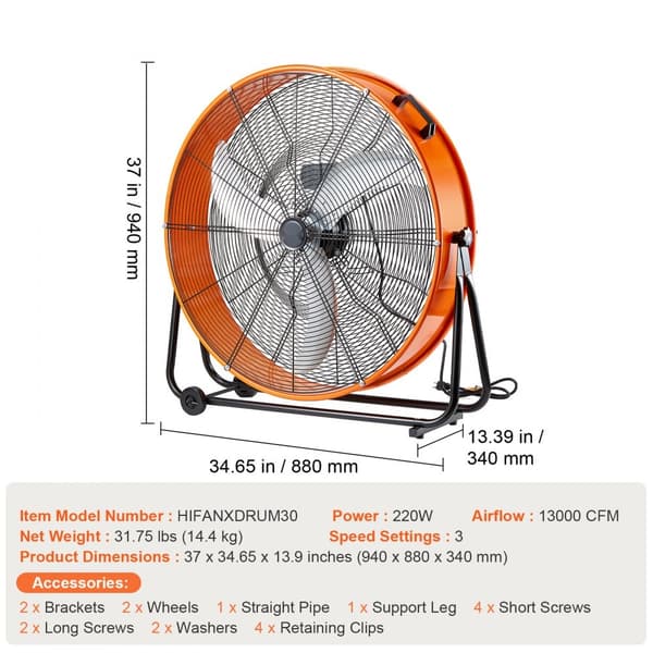 30 tommer højtgående tromleventilator, 3 hastigheder, 13000 CFM, industriventilator til lager og store rum.