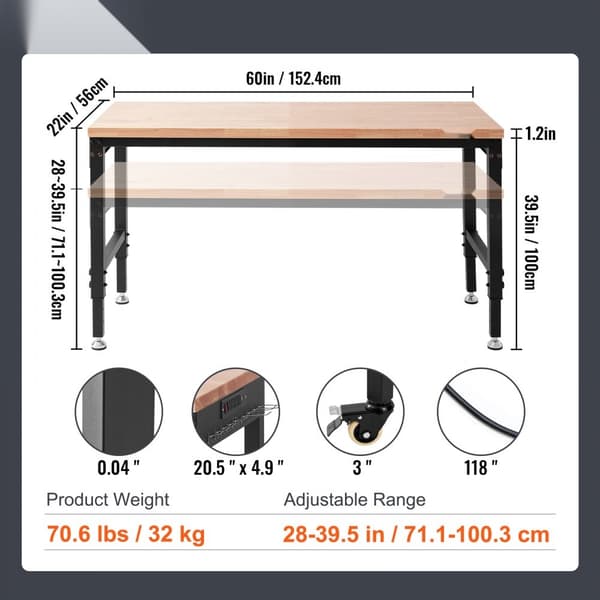 Säädettävä työpöytä 71,1-100,3 cm, kätevä työpajajakso, ergonominen muotoilu, tilaa säästävä ratkaisu