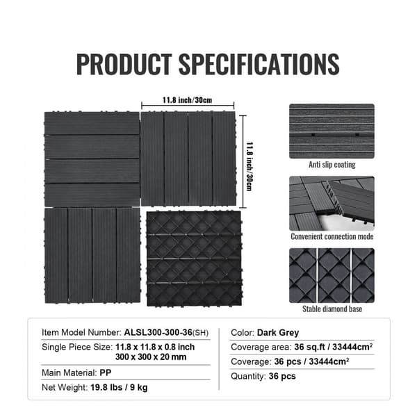 Interlocking Dock Plattor 36 Pack 12x12 Mörkgrå Plast, Hållbar och Vattentålig för Utomhusbruk, Enkel Montering