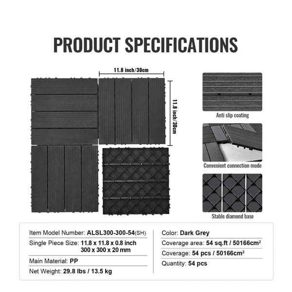 Interlocking Deck Fliser 54 Pakke 12x12 Tommer Plast til Terrasse Mørkegrå, Vandtæt, Holdbar, Let at Installere.