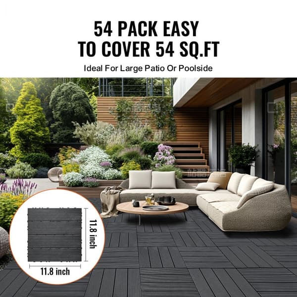 Interlocking Deck Fliser 54 Pakke 12x12 Tommer Plast til Terrasse Mørkegrå, Vandtæt, Holdbar, Let at Installere.
