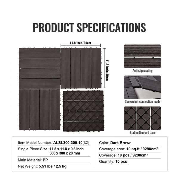 Interlocking Deck Fliser 10-pak, 30x30 cm, Vandtætte, Mørkebrune, Perfekte til Porch, Lette at Installere, Holdbare Kvalitet.