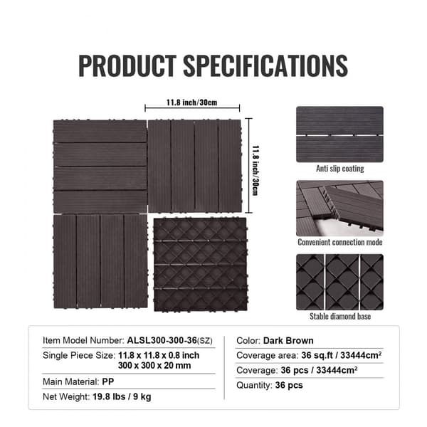 Lukittavat Kansilaatat 12x12, 36-Pakkaus, Vedenpitävä, Tummanruskea, Kuistille