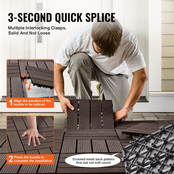 Vandtætte interlocking deck fliser i plast træ 10 pakke, 12x12, ideelle til veranda og udendørs brug.