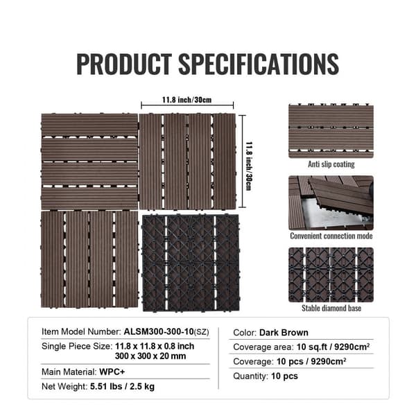 Vandtætte interlocking deck fliser i plast træ 10 pakke, 12x12, ideelle til veranda og udendørs brug.