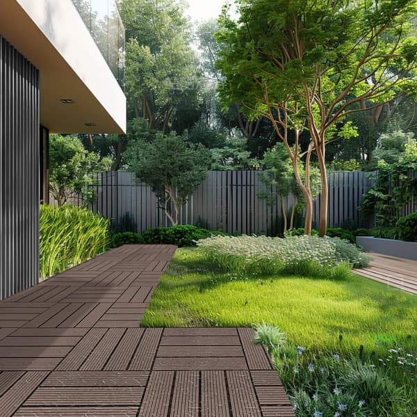 Vandtætte interlocking deck fliser i plast træ 10 pakke, 12x12, ideelle til veranda og udendørs brug.