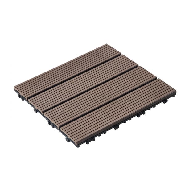 Vandtætte interlocking deck fliser i plast træ 10 pakke, 12x12, ideelle til veranda og udendørs brug.