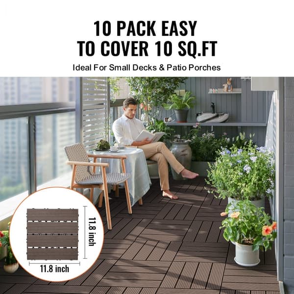 Vandtætte interlocking deck fliser i plast træ 10 pakke, 12x12, ideelle til veranda og udendørs brug.