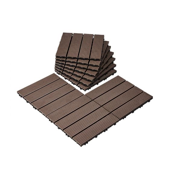 Vandtætte interlocking deck fliser i plast træ 10 pakke, 12x12, ideelle til veranda og udendørs brug.