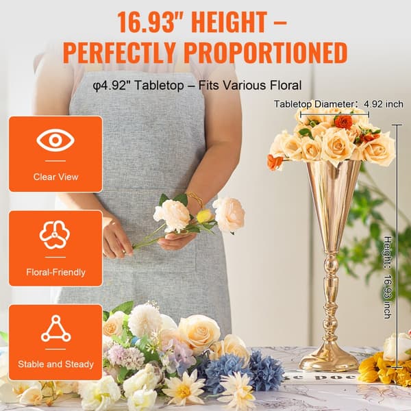 10 STK 43 cm/16,9” Høj Metal Guldbryllupsblomst Vase Trompet, Perfekt til Borde, Elegant Dekoration