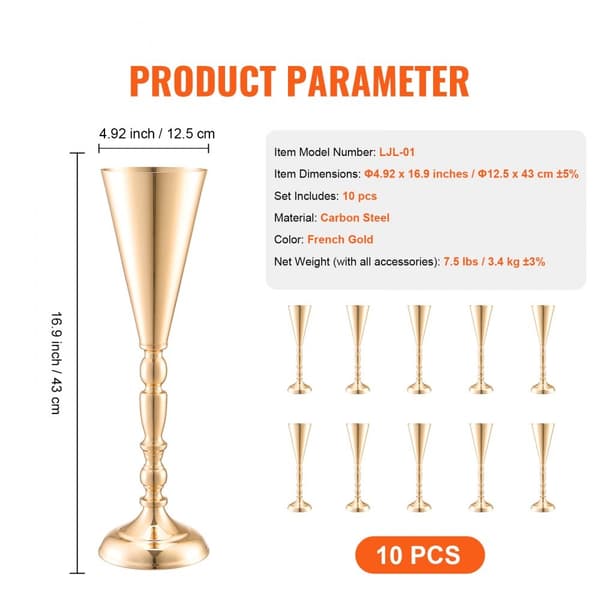 10 STK 43 cm/16,9” Høj Metal Guldbryllupsblomst Vase Trompet, Perfekt til Borde, Elegant Dekoration