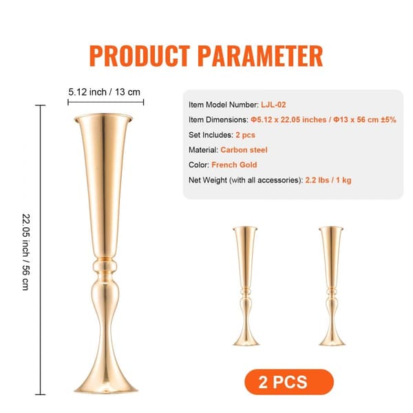Korkeat Metallikultaiset Trumpetti Hääkukkamaljakot, 56cm, 2KPL, Tyylikkäät Pöytäsomisteet
