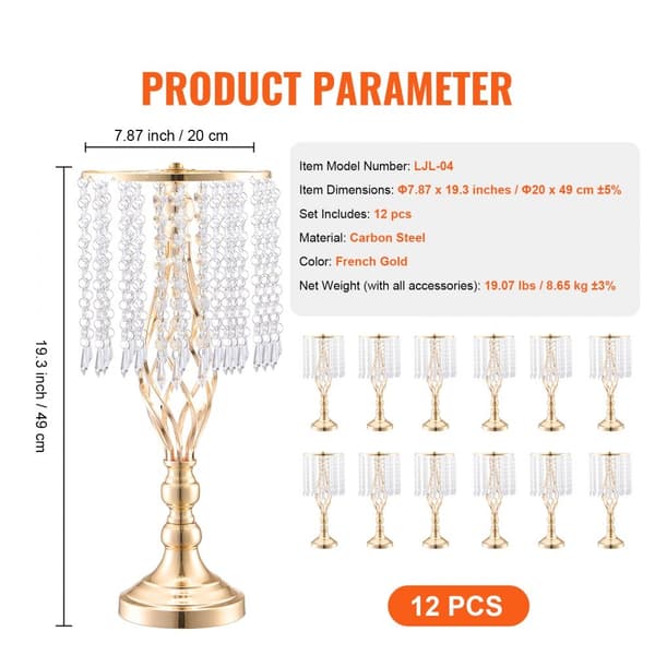 12 STK 49 cm/19,3” høj krystal blomsterstativ vase, elegant festindretning, holdbar dekoration, perfekt til bryllupper og events.