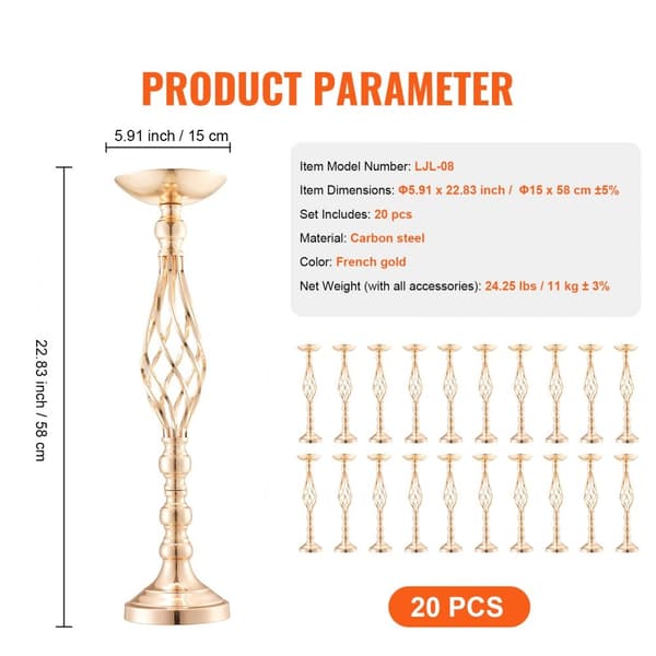 20 STK 58 cm/22,83” Bryllupsblomstvase, Metal Guld Blomsterstativ til Bord, Elegant Dekoration, Høj Kvalitet.
