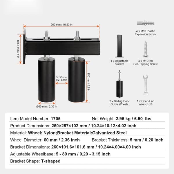 6” Sliding Gate Kit, Justerbar rullende hardware med T-beslag, ideel til dører, nem installation, robust design.