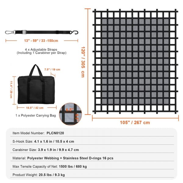 Robust cargo net 120x105, justerbare spænder, S-kroge, perfekt til transport og opbevaring.