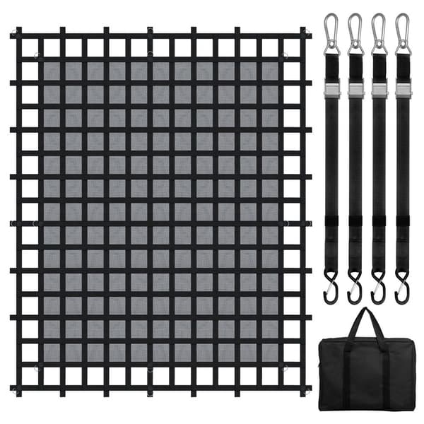 Robust cargo net 120x105, justerbare spænder, S-kroge, perfekt til transport og opbevaring.