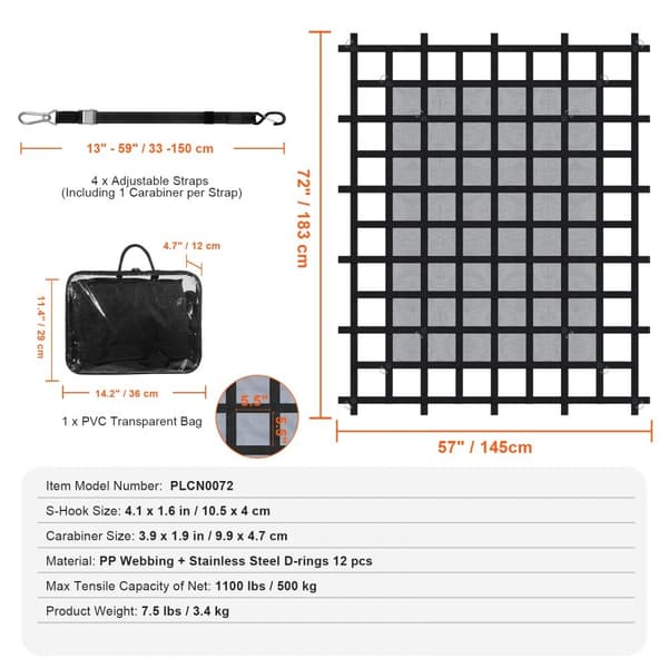 Heavy Duty Cargo Net 72x57, Justerbare spænder, S-kroge, Stærk og holdbar til transport og lastbeskyttelse.