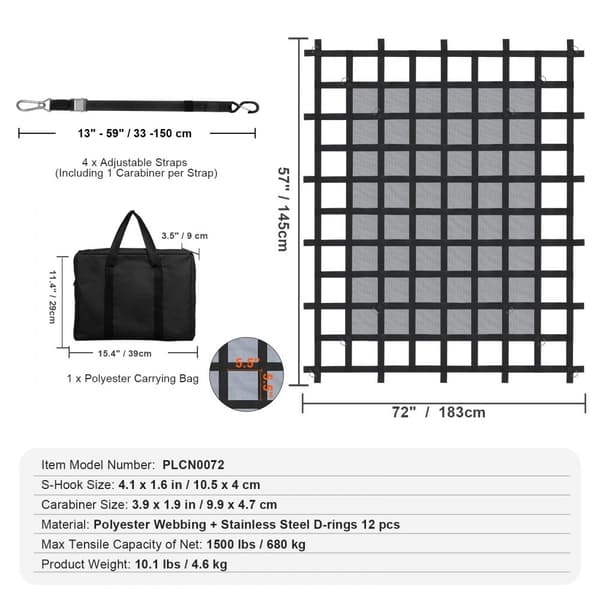 Heavy Duty Cargo Net 72x57, Justerbare spænder, S-kroge, Stabil lastbeskyttelse, Ideel til transport og opbevaring.