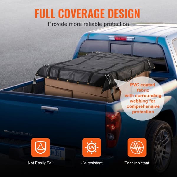 Robust cargo net 72x57, justerbare spænder og S-kroge, ideel til lastebil, camping og transport, holdbar og pålidelig.