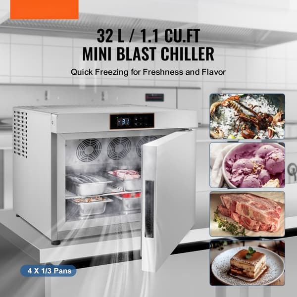 32L kommerciel blæstfryser, 4 bakker, hurtig nedkøling, perfekt til skaldyr og isdessert.