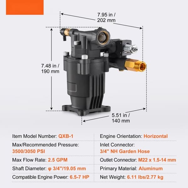 Højtryksrenserpumpe 3/4, vandret 3500 PSI, 2,5 GPM, med 5 dyser, ideel til effektiv rengøring og vedligeholdelse.