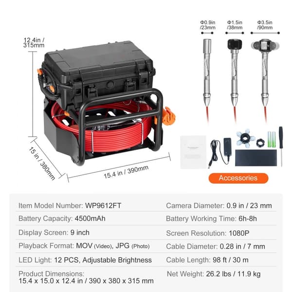 Kloakkamera 30m, selvnivellerende afløbskamera, 512Hz sender, HD billede, LED lys, perfekt til inspektion og reparation.