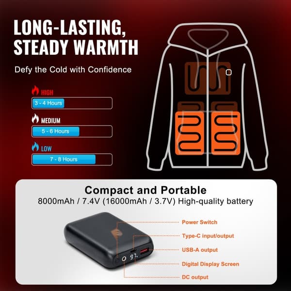 Värmehuva Sweatshirt Zip Up Unisex, Batteridriven, XL Svart, Komfort och Stil för Kyliga Dagar