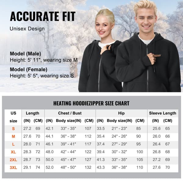 Värmehuva Sweatshirt Zip Up Unisex, Batteridriven, XL Svart, Komfort och Stil för Kyliga Dagar