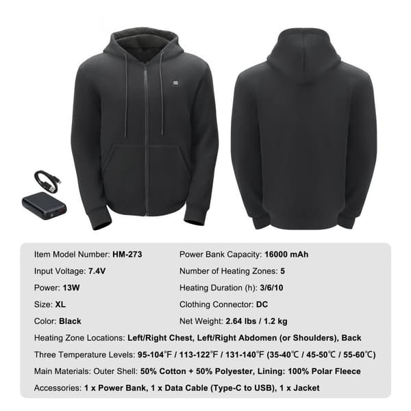 Värmehuva Sweatshirt Zip Up Unisex, Batteridriven, XL Svart, Komfort och Stil för Kyliga Dagar