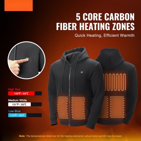 Värmehuva Sweatshirt Zip Up Unisex, Batteridriven, XL Svart, Komfort och Stil för Kyliga Dagar