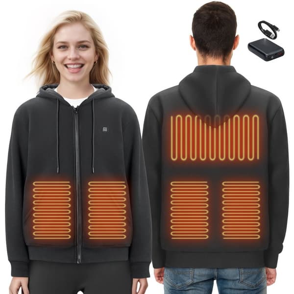 Värmehuva Sweatshirt Zip Up Unisex, Batteridriven, XL Svart, Komfort och Stil för Kyliga Dagar