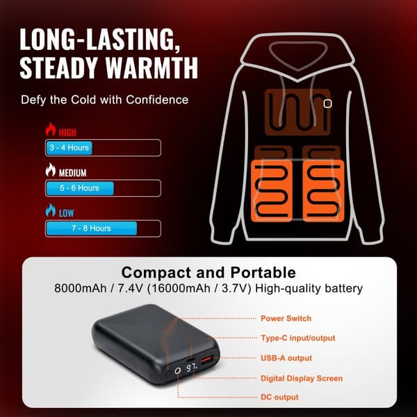 Heated Hoodie Sweatshirt Unisex, M Størrelse, Sort, Med Batteri, Ideel til Mænd og Kvinder, Varm og Komfortabel.
