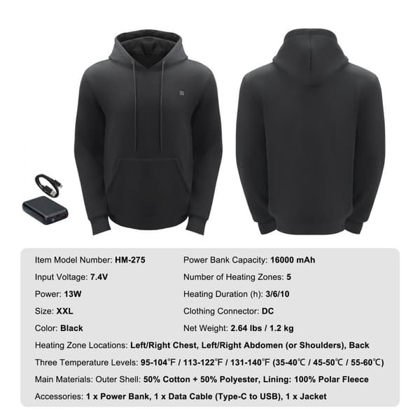 Unisex Hætte Sweatshirt med Varme, Batteridrevet, XXL, Sort, Komfortabel og Justerbar Temperatur.
