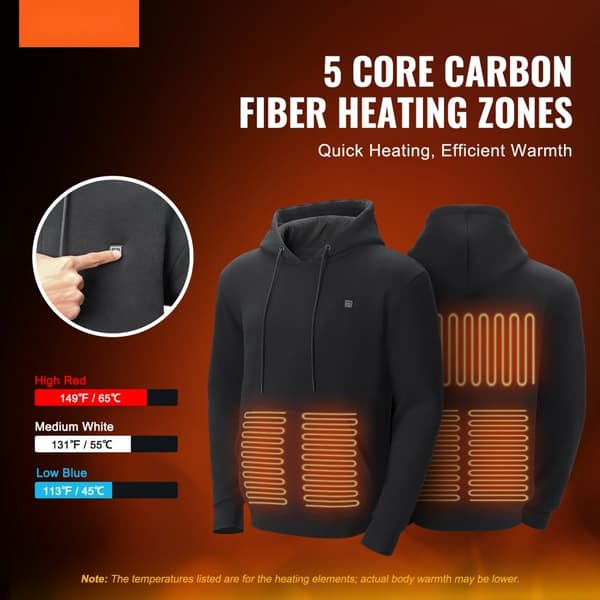 Unisex Hætte Sweatshirt med Varme, Batteridrevet, XXL, Sort, Komfortabel og Justerbar Temperatur.