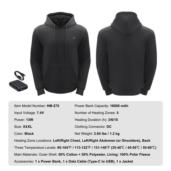 XXXL Musta Unisex-Lämmitetty Huppari Akulla, Miehille ja Naisille, Mukava ja Tyylikäs, Talvi- ja Ulkoilukäyttöön