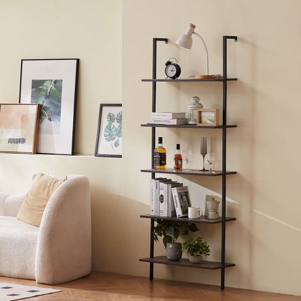 Industriel firkantet rørhylde 5 niveauer, 24x11,8 tommer, vægmontering til soveværelse, pladsbesparende, robust, moderne design.