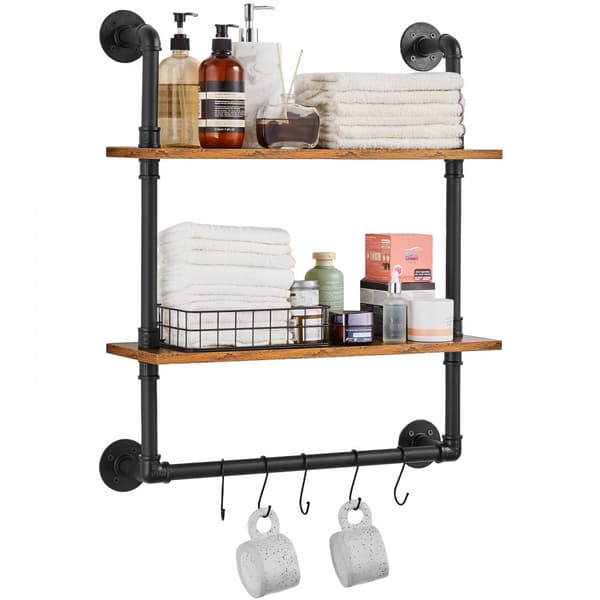 Industriell 2-vånings Pip Hylla 24x7,87 tum, Väggfäste, Robust Design, Modern Inredning, Lagring för Kök och Sovrum