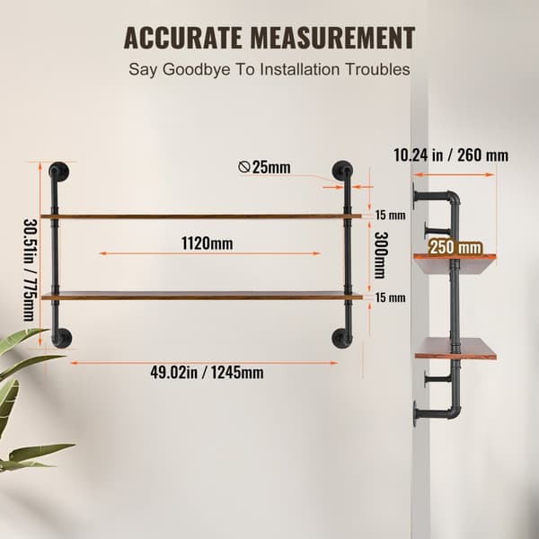 Industriel rørhylde 2 niveauer, 48x9,84 tommer, vægmontering til køkken og soveværelse, robust design, opbevaringsløsning.