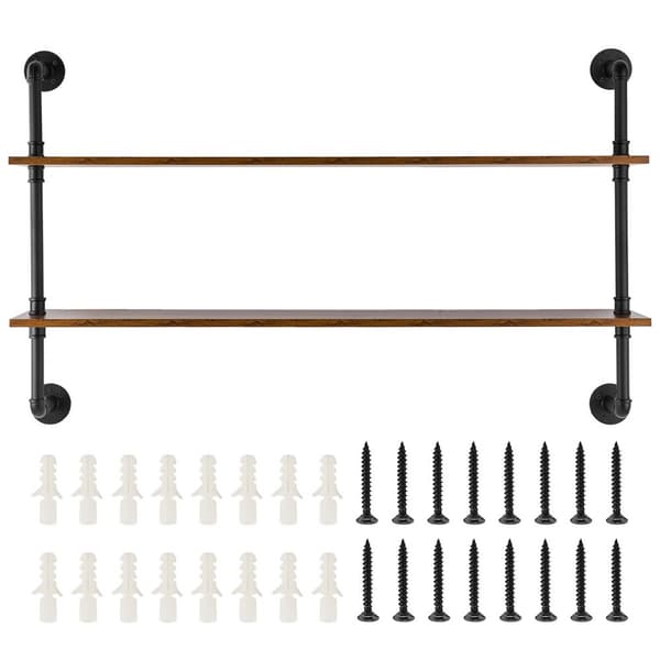 Industriel rørhylde 2 niveauer, 48x9,84 tommer, vægmontering til køkken og soveværelse, robust design, opbevaringsløsning.