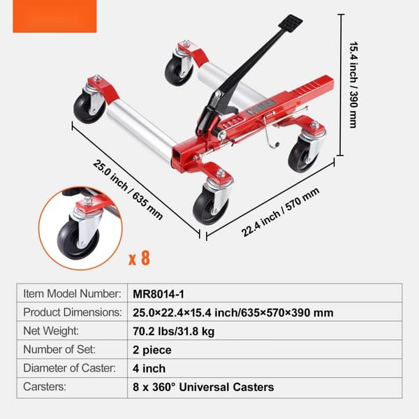 Raskaan kaluston Wheel Dolly, ajoneuvon nostin, 1500 lbs, 2 kpl, tehokas ja kestävä nostoväline, helppo käyttää