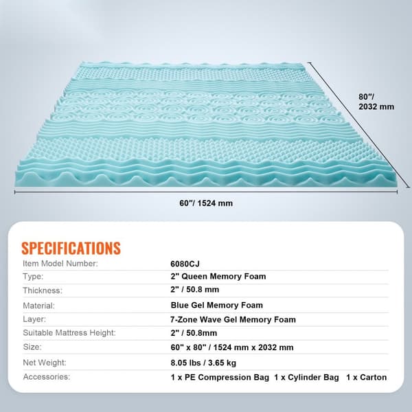 Madrass Topper Memory Foam med Cooling Gel, Queen Size, 50,8 mm, perfekt för sval sömn och komfort