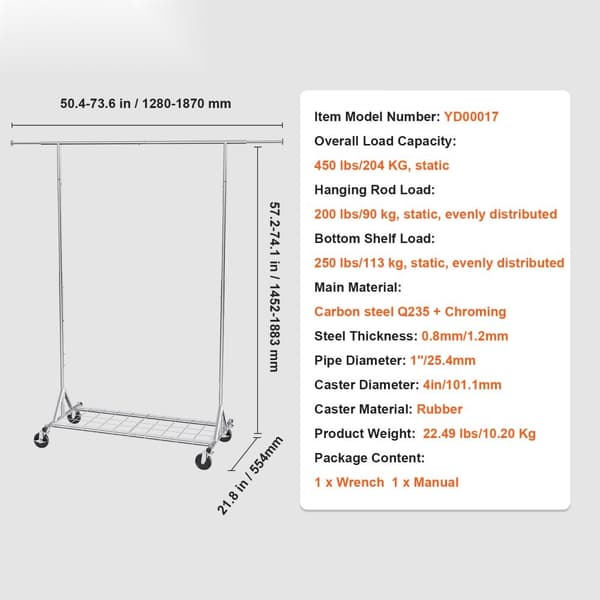Klädställ med hjul, Justerbar höjd, Heavy Duty Klädställ, Robust design för butiker och hem, Starkt Klädställ med hängstång