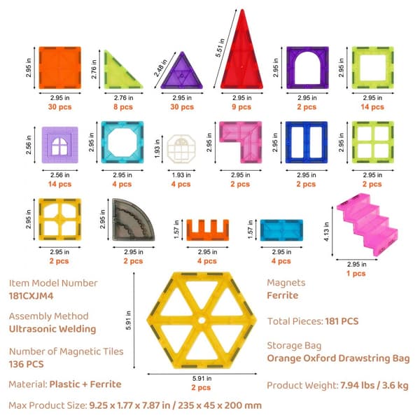 Magneettiset Laatat 3D-Rakennuslelu 181 KPL, Magneettipalikat lapsille, kehittävä leikkiset, luovuus, oppiminen