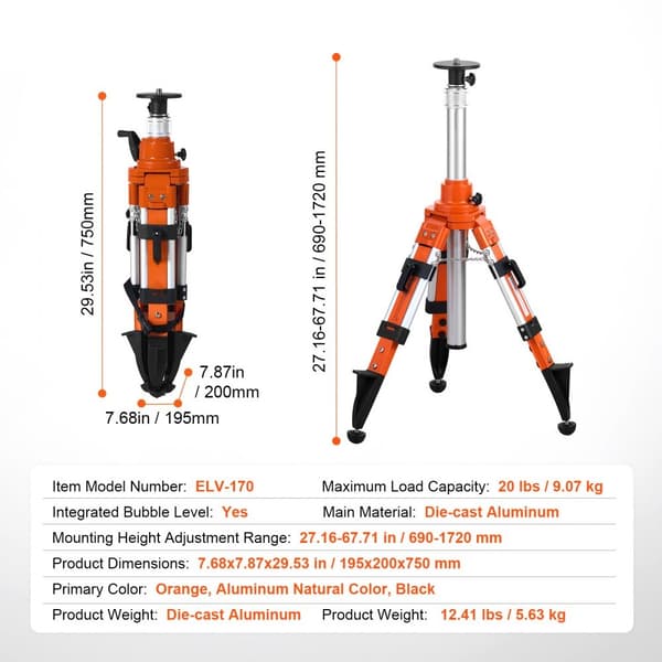 Laser-niveau stativ 5/8-11 gevind, højdejustering 27,16-67,71 cm, robust design, præcise målinger, ideel til byggeprojekter.